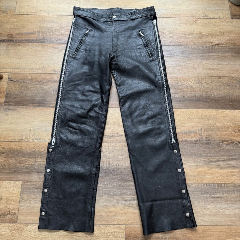 Soft Black Leather Moto Biker Pants Unisex Fits 34 Broken Zipper